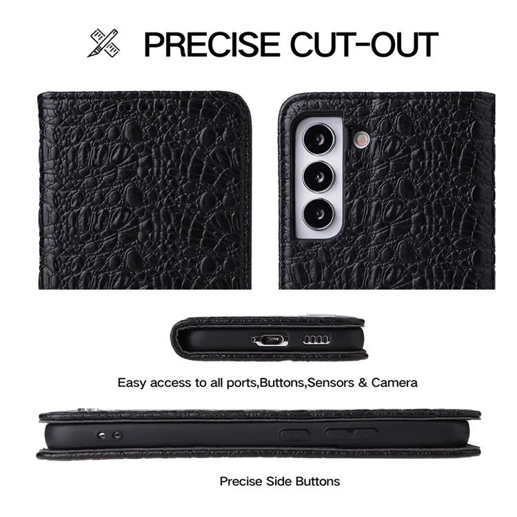 Fierre Shann Für Samsung Galaxy S22 5G Top -layer -kuhspur -leder -krokodil -textur -brieftasche Magnetische Telefonhülle - Schwarz