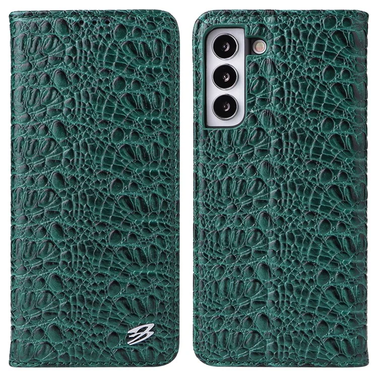 Fierre Shann Für Samsung Galaxy S22+ 5G Wallet Stand Design Top-layer Cowide Leder Crocodile Textur Auto-absorbiertes Magnetphone Hülle - Grün