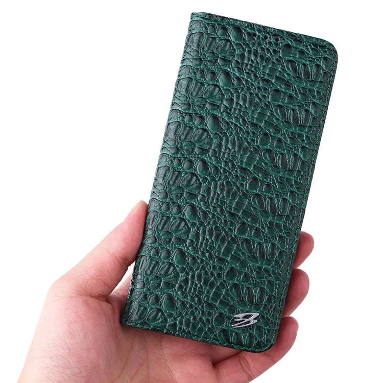 Fierre Shann Für Samsung Galaxy S22+ 5G Wallet Stand Design Top-layer Cowide Leder Crocodile Textur Auto-absorbiertes Magnetphone Hülle - Grün