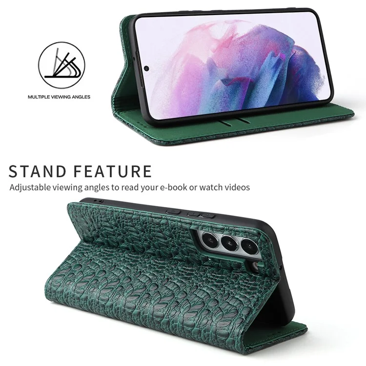 Fierre Shann Für Samsung Galaxy S22+ 5G Wallet Stand Design Top-layer Cowide Leder Crocodile Textur Auto-absorbiertes Magnetphone Hülle - Grün