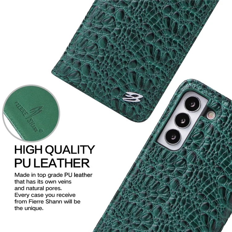 Fierre Shann Für Samsung Galaxy S22+ 5G Wallet Stand Design Top-layer Cowide Leder Crocodile Textur Auto-absorbiertes Magnetphone Hülle - Grün