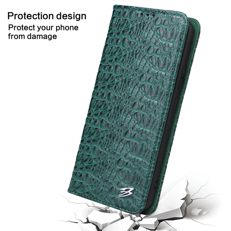 Fierre Shann Für Samsung Galaxy S22+ 5G Wallet Stand Design Top-layer Cowide Leder Crocodile Textur Auto-absorbiertes Magnetphone Hülle - Grün