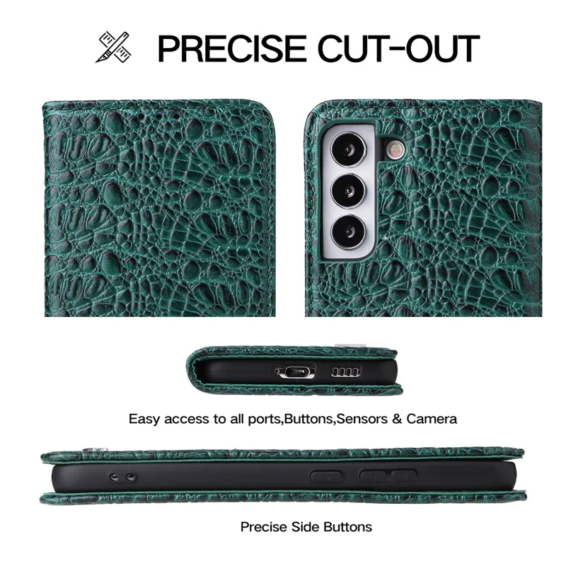 Fierre Shann Für Samsung Galaxy S22+ 5G Wallet Stand Design Top-layer Cowide Leder Crocodile Textur Auto-absorbiertes Magnetphone Hülle - Grün