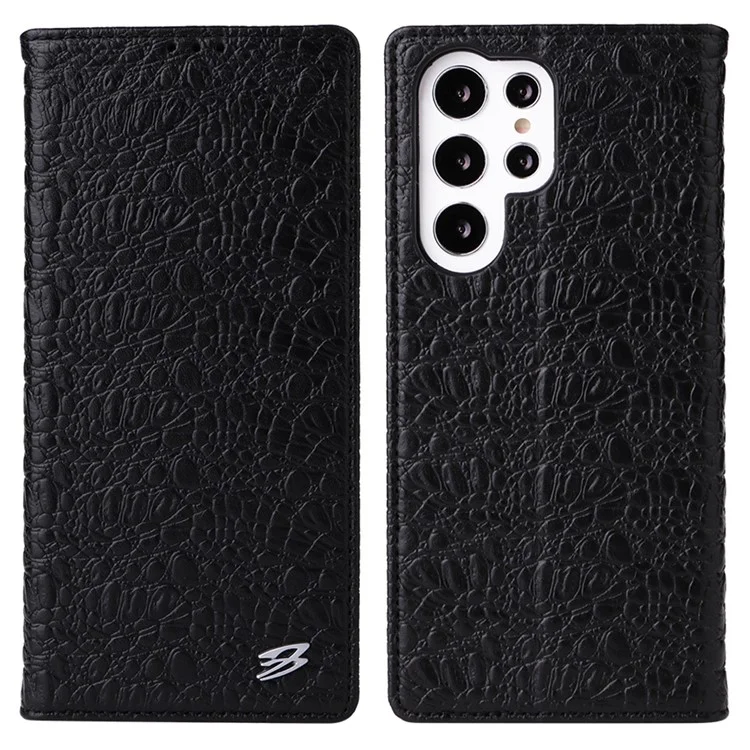 Fierre Shann Für Samsung Galaxy S22 Ultra 5G Top-layer-kokodil-leder-krokodil-textur-telefonabdeckung Schocksicheres Automatisch Absorbiertes Magnetisches Handygehäuse - Schwarz
