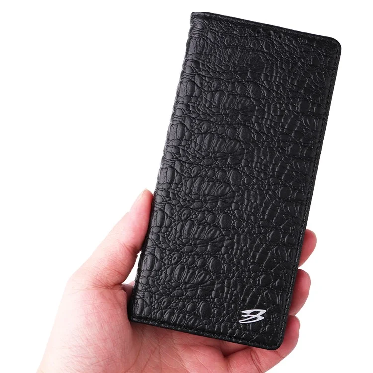 Fierre Shann Für Samsung Galaxy S22 Ultra 5G Top-layer-kokodil-leder-krokodil-textur-telefonabdeckung Schocksicheres Automatisch Absorbiertes Magnetisches Handygehäuse - Schwarz