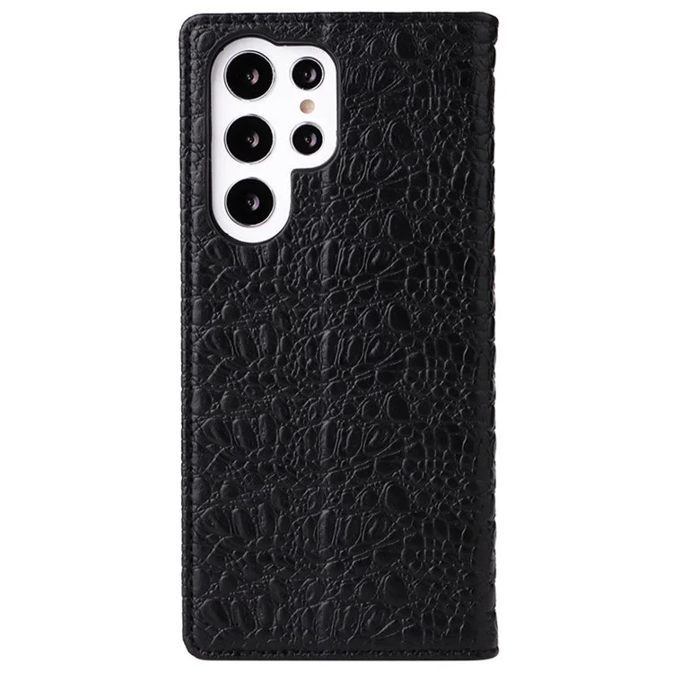 Fierre Shann Für Samsung Galaxy S22 Ultra 5G Top-layer-kokodil-leder-krokodil-textur-telefonabdeckung Schocksicheres Automatisch Absorbiertes Magnetisches Handygehäuse - Schwarz