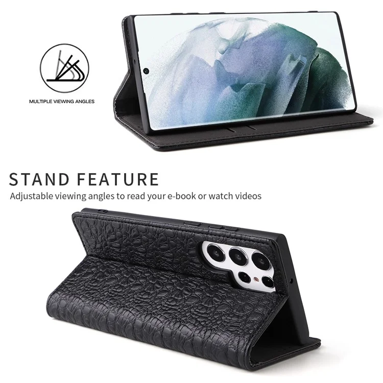 Fierre Shann Für Samsung Galaxy S22 Ultra 5G Top-layer-kokodil-leder-krokodil-textur-telefonabdeckung Schocksicheres Automatisch Absorbiertes Magnetisches Handygehäuse - Schwarz