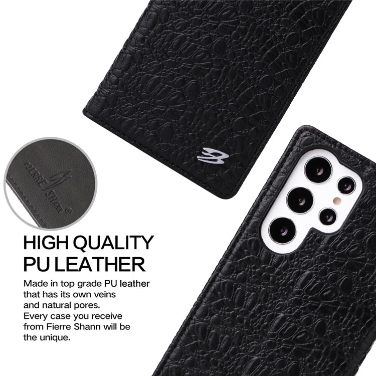Fierre Shann Für Samsung Galaxy S22 Ultra 5G Top-layer-kokodil-leder-krokodil-textur-telefonabdeckung Schocksicheres Automatisch Absorbiertes Magnetisches Handygehäuse - Schwarz