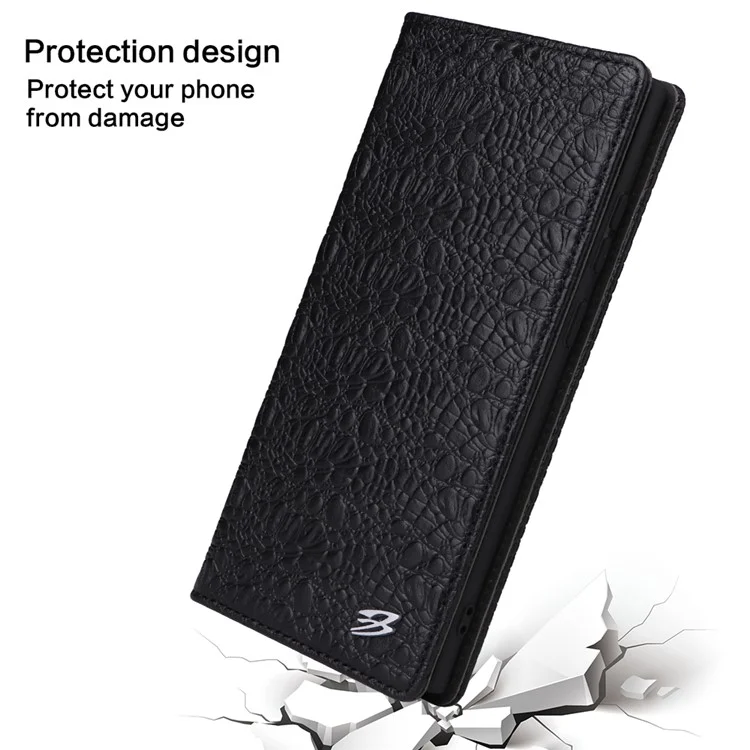 Fierre Shann Für Samsung Galaxy S22 Ultra 5G Top-layer-kokodil-leder-krokodil-textur-telefonabdeckung Schocksicheres Automatisch Absorbiertes Magnetisches Handygehäuse - Schwarz