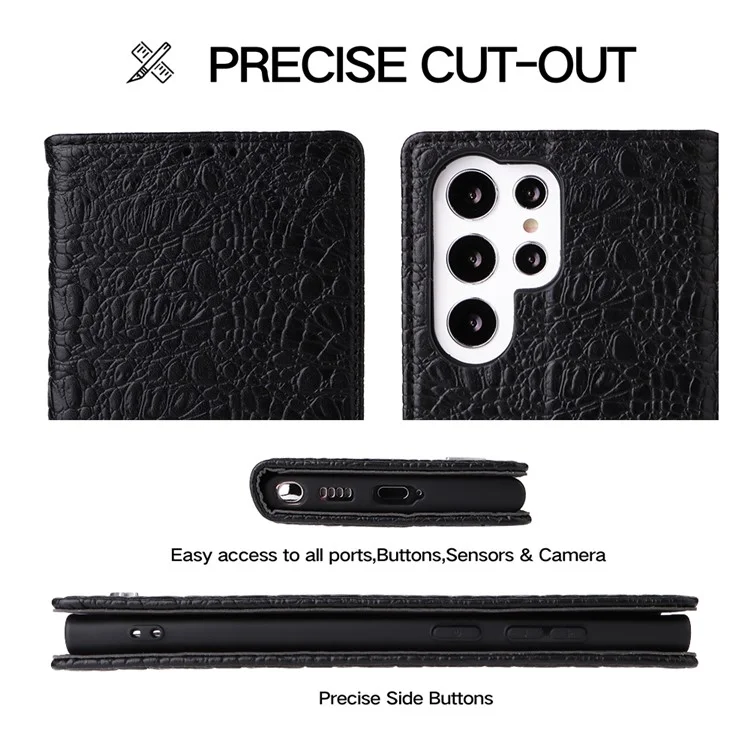 Fierre Shann Für Samsung Galaxy S22 Ultra 5G Top-layer-kokodil-leder-krokodil-textur-telefonabdeckung Schocksicheres Automatisch Absorbiertes Magnetisches Handygehäuse - Schwarz