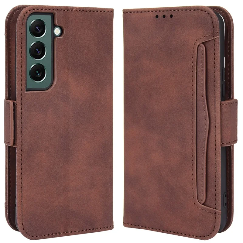 Funda de Piel con Múltiples Ranuras para Tarjetas para Samsung Galaxy S22+ 5G, Funda Protectora de Cartera y Soporte - Marrón