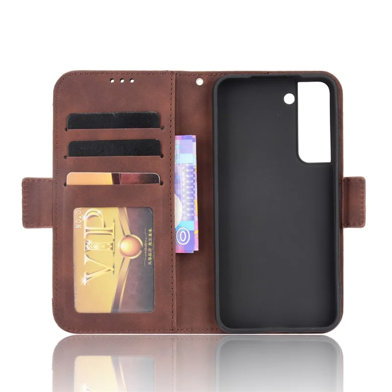 Funda de Piel con Múltiples Ranuras para Tarjetas para Samsung Galaxy S22+ 5G, Funda Protectora de Cartera y Soporte - Marrón