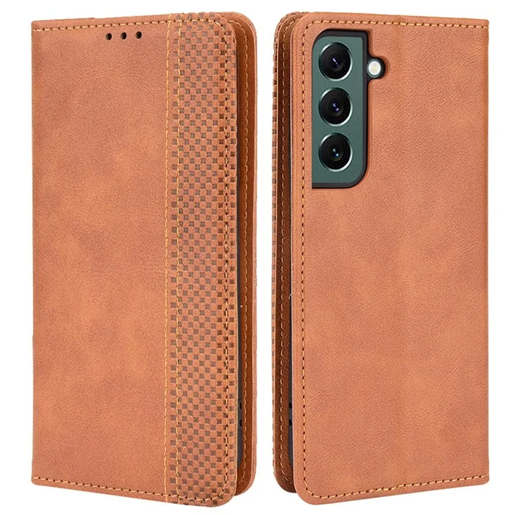 For Samsung Galaxy S22 5G Vintage PU Leather Flip Case Magnetic Auto Closing  Stand Wallet Imprinted Mosaic Stylish Cover - Brown