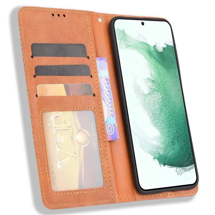 Para Samsung Galaxy S22 5G Vintage PU Leather Flip Case Magnetic Auto Closing Stand Wallet Imprinted Mosaic Stylish Cover - Brown