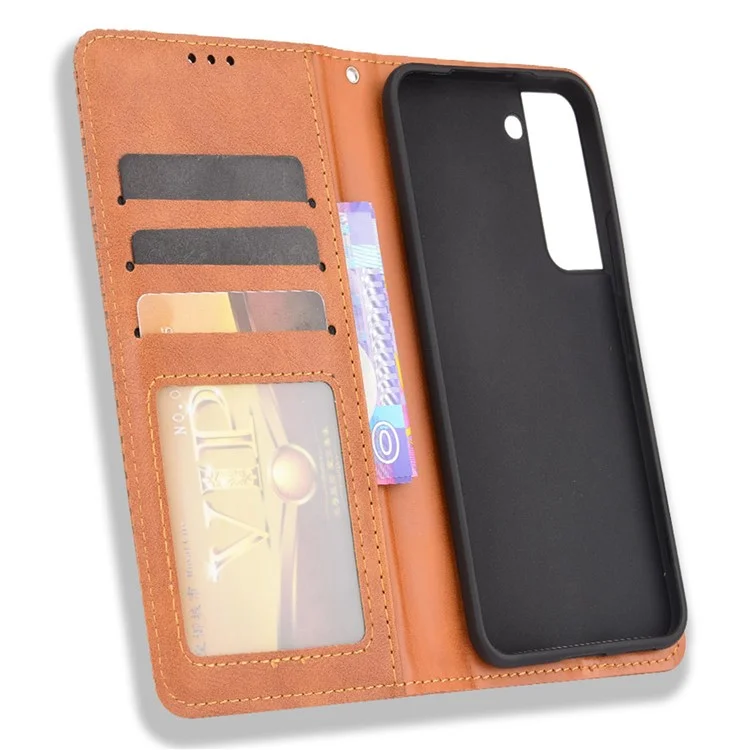 For Samsung Galaxy S22 5G Vintage PU Leather Flip Case Magnetic Auto Closing  Stand Wallet Imprinted Mosaic Stylish Cover - Brown