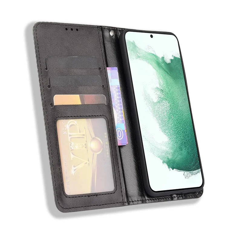 Vintage PU Leather Impression du Portefeuille de Portefeuille Mosaïque Pour Samsung Galaxy S22 + 5G, Stand Auto Closing Magnetic Cover Magretic - le Noir