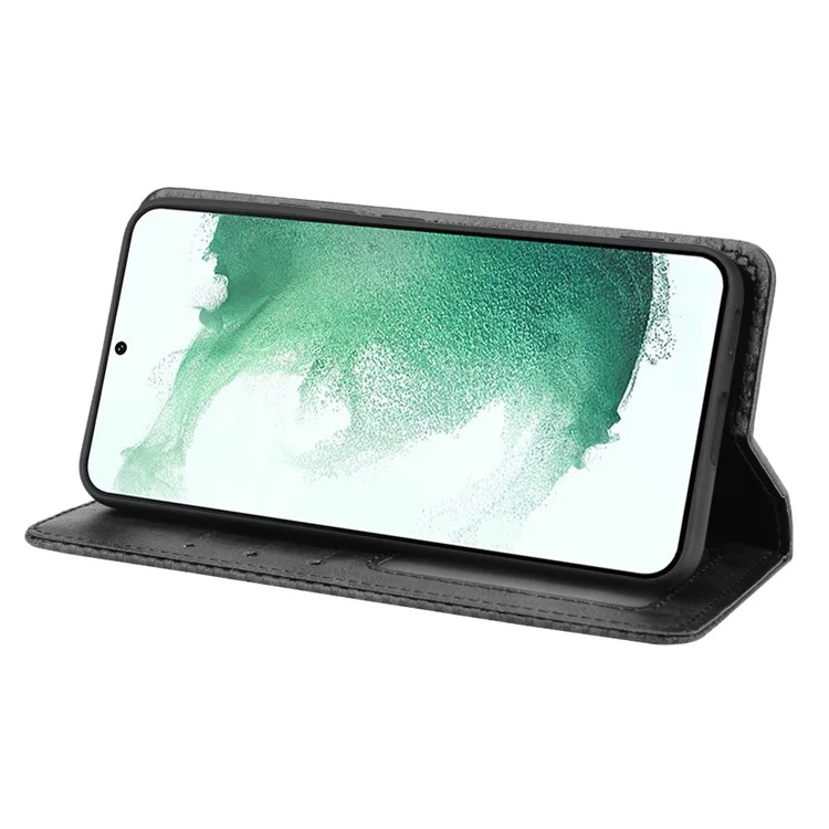 Vintage PU Leather Impression du Portefeuille de Portefeuille Mosaïque Pour Samsung Galaxy S22 + 5G, Stand Auto Closing Magnetic Cover Magretic - le Noir