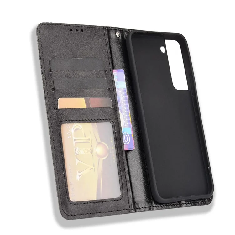 Vintage PU Leather Impression du Portefeuille de Portefeuille Mosaïque Pour Samsung Galaxy S22 + 5G, Stand Auto Closing Magnetic Cover Magretic - le Noir