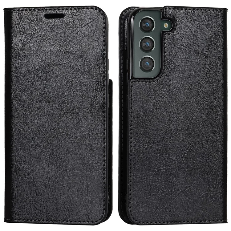 Housse de téléphone en cuir véritable à texture de Cheval Fou pour Samsung Galaxy S22+ 5G, étui protecteur portefeuille avec support - Noir