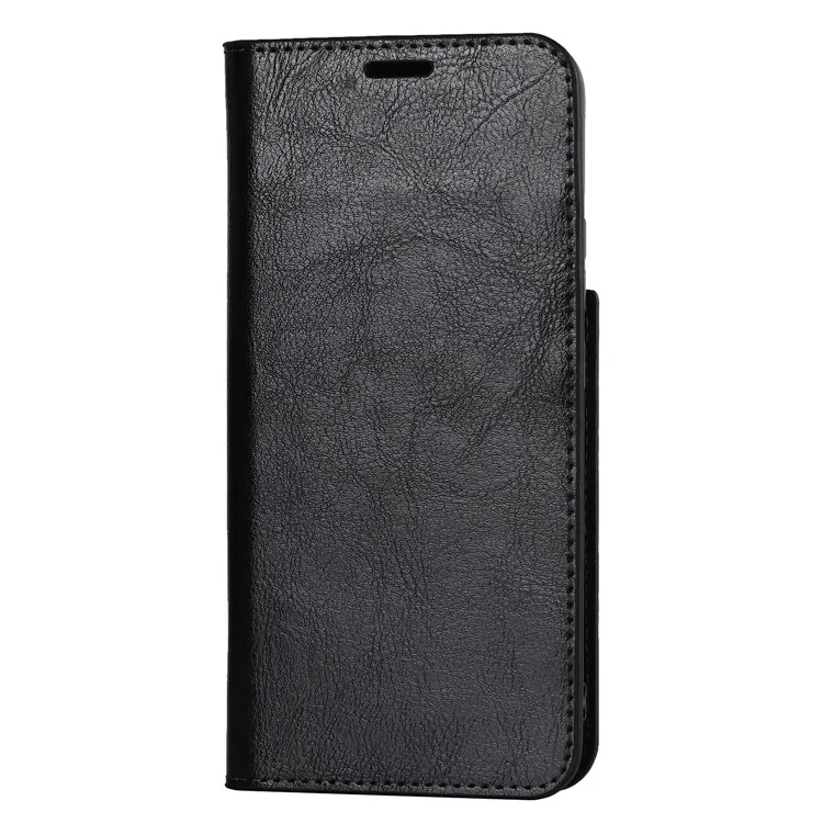 Housse de téléphone en cuir véritable à texture de Cheval Fou pour Samsung Galaxy S22+ 5G, étui protecteur portefeuille avec support - Noir