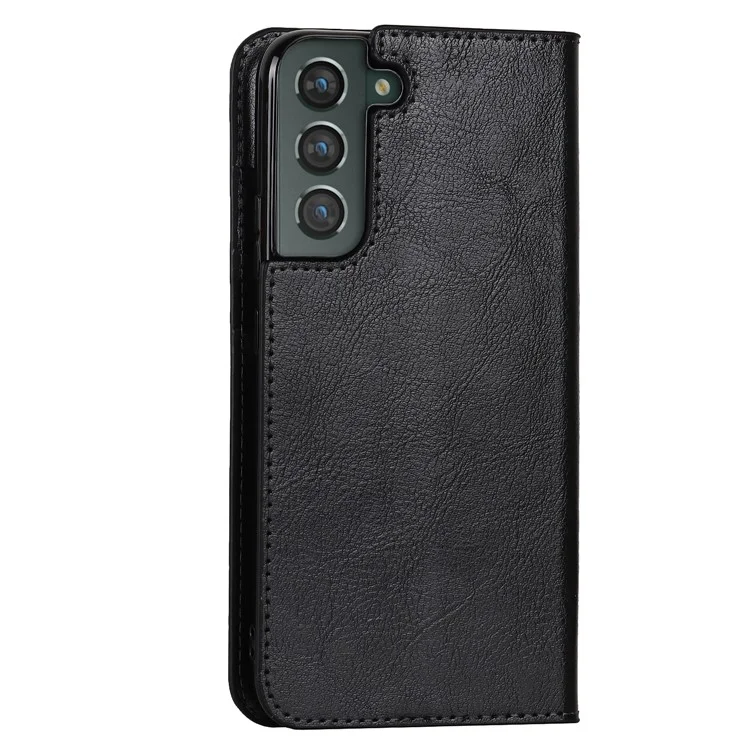 Housse de téléphone en cuir véritable à texture de Cheval Fou pour Samsung Galaxy S22+ 5G, étui protecteur portefeuille avec support - Noir
