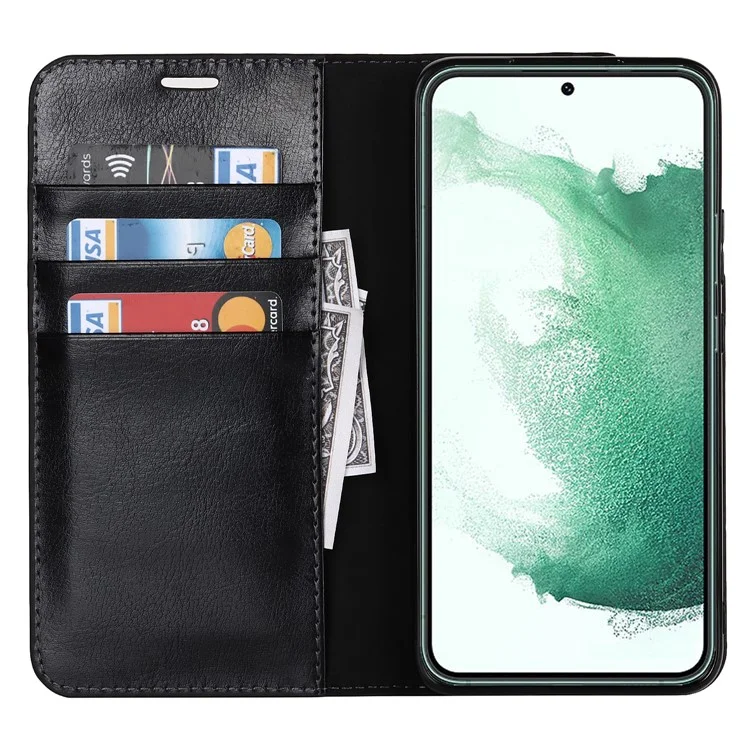 Housse de téléphone en cuir véritable à texture de Cheval Fou pour Samsung Galaxy S22+ 5G, étui protecteur portefeuille avec support - Noir