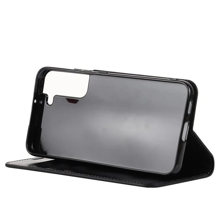 Housse de téléphone en cuir véritable à texture de Cheval Fou pour Samsung Galaxy S22+ 5G, étui protecteur portefeuille avec support - Noir
