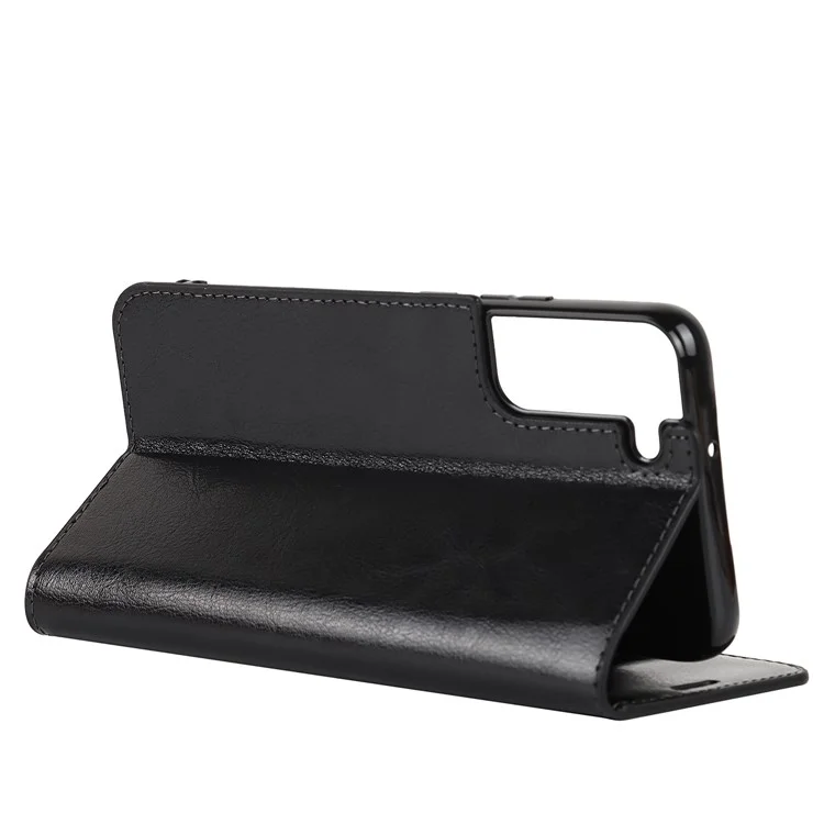 Housse de téléphone en cuir véritable à texture de Cheval Fou pour Samsung Galaxy S22+ 5G, étui protecteur portefeuille avec support - Noir