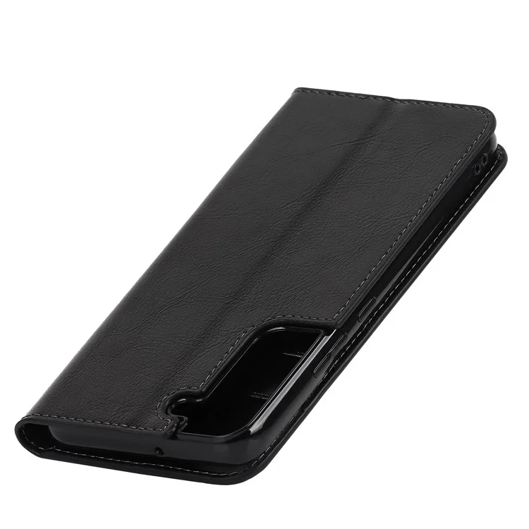 Housse de téléphone en cuir véritable à texture de Cheval Fou pour Samsung Galaxy S22+ 5G, étui protecteur portefeuille avec support - Noir