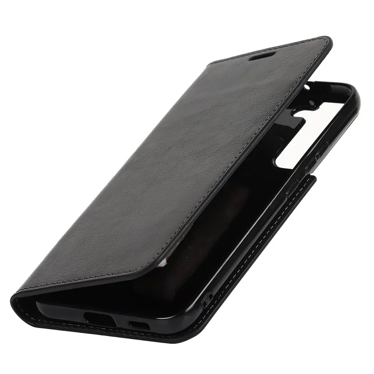 Housse de téléphone en cuir véritable à texture de Cheval Fou pour Samsung Galaxy S22+ 5G, étui protecteur portefeuille avec support - Noir