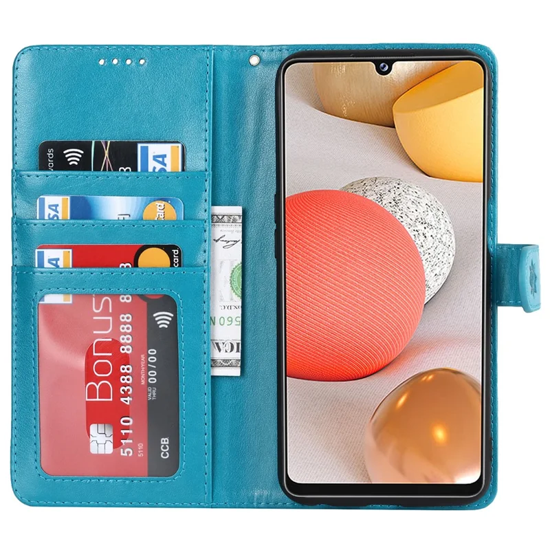 For Samsung Galaxy A42 5G R61 Texture Felled Seam Pattern Imprinted PU Leather Phone Case with Stand Wallet - Blue
