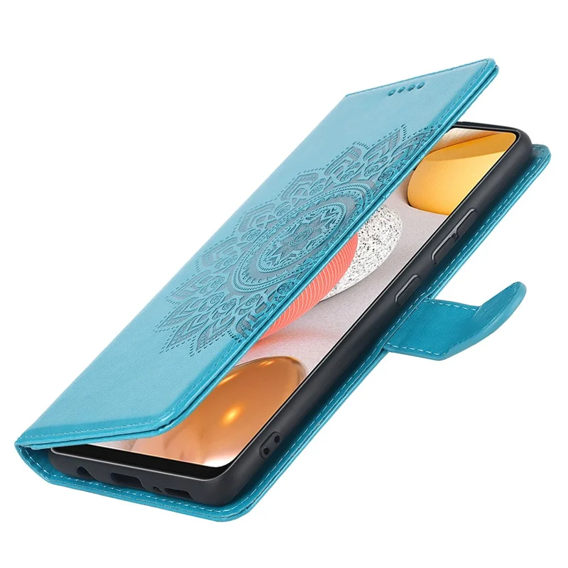For Samsung Galaxy A42 5G R61 Texture Felled Seam Pattern Imprinted PU Leather Phone Case with Stand Wallet - Blue