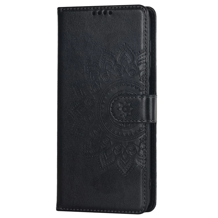 For Samsung Galaxy A12 R61 Texture Felled Seam PU Leather + TPU Stand Phone Case Pattern Imprinted Wallet Cover - Black