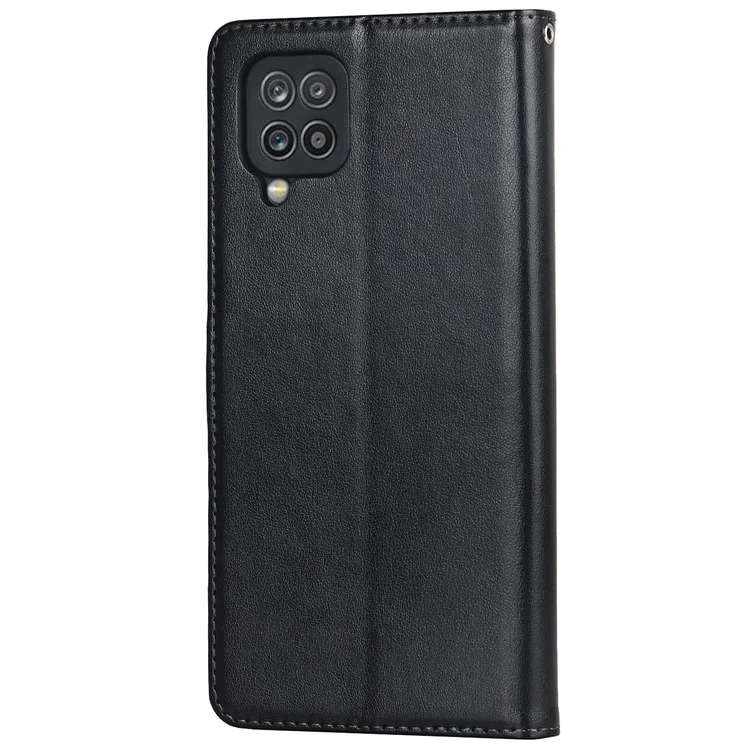 For Samsung Galaxy A12 R61 Texture Felled Seam PU Leather + TPU Stand Phone Case Pattern Imprinted Wallet Cover - Black
