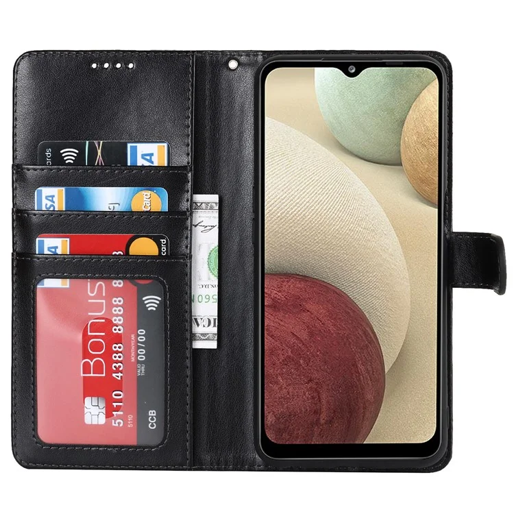 For Samsung Galaxy A12 R61 Texture Felled Seam PU Leather + TPU Stand Phone Case Pattern Imprinted Wallet Cover - Black