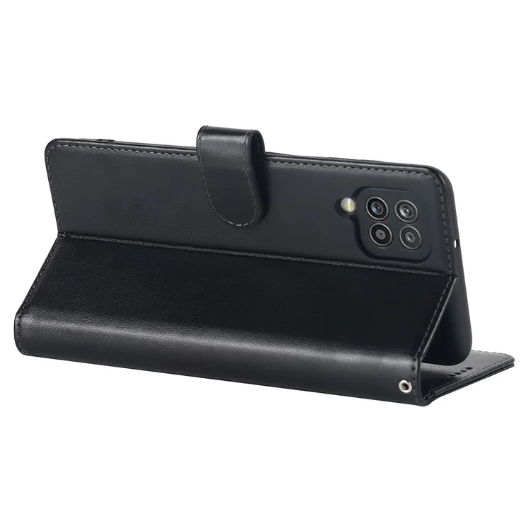 For Samsung Galaxy A12 R61 Texture Felled Seam PU Leather + TPU Stand Phone Case Pattern Imprinted Wallet Cover - Black