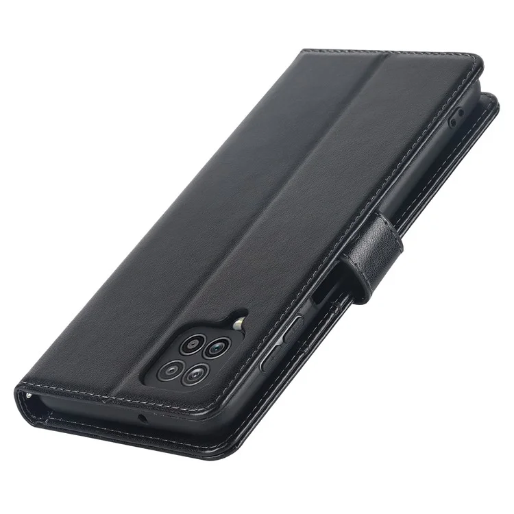For Samsung Galaxy A12 R61 Texture Felled Seam PU Leather + TPU Stand Phone Case Pattern Imprinted Wallet Cover - Black