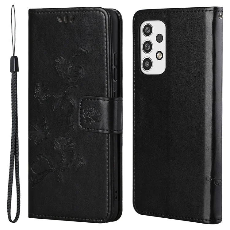 For Samsung Galaxy A23 5G (Global Version) Imprinting Butterfly Flower PU Leather Wallet Phone Case Stand Cover - Black