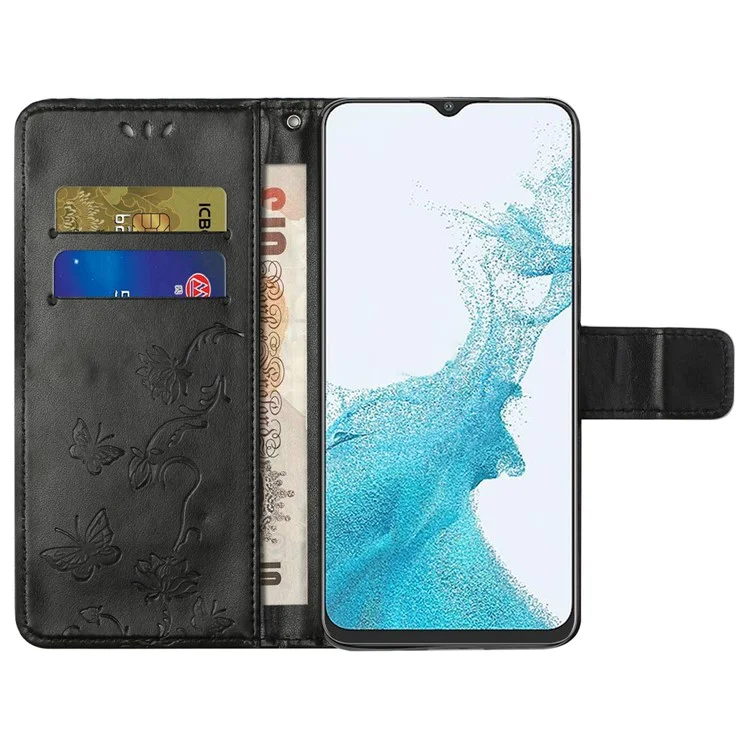 For Samsung Galaxy A23 5G (Global Version) Imprinting Butterfly Flower PU Leather Wallet Phone Case Stand Cover - Black
