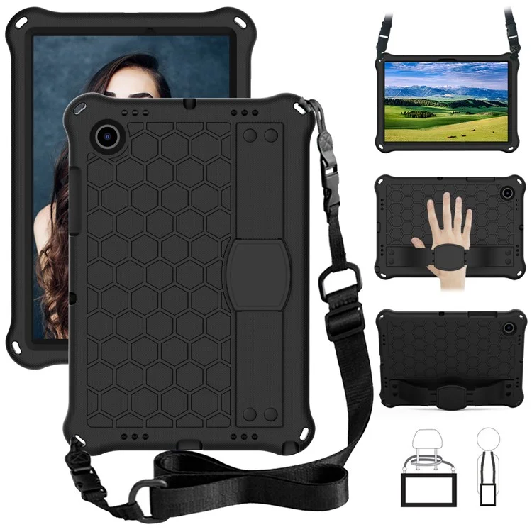 For Samsung Galaxy Tab A8 10.5 (2021) / A8 10.5 (2022) Honeycomb Texture EVA Shockproof Adjustable Shoulder Strap Handle Kickstand Tablet Cover - Black