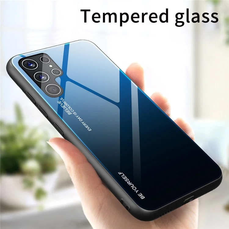 Pour Samsung Galaxy S22 Ultra 5G Gradient Color Tempered Glass Back + TPU Frame Mobile Phone Case - Bleu/Noir