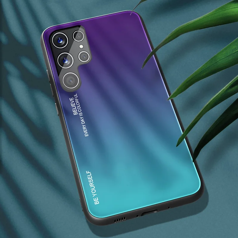 For Samsung Galaxy S22 Ultra 5G Gradient Color Tempered Glass Back + TPU Frame Mobile Phone Case - Purple/Blue