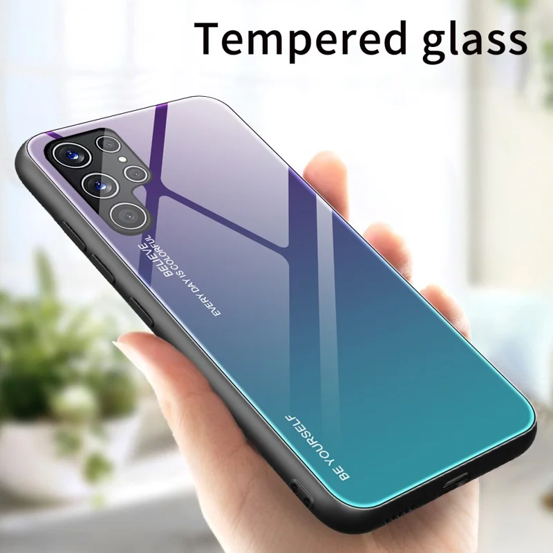For Samsung Galaxy S22 Ultra 5G Gradient Color Tempered Glass Back + TPU Frame Mobile Phone Case - Purple/Blue