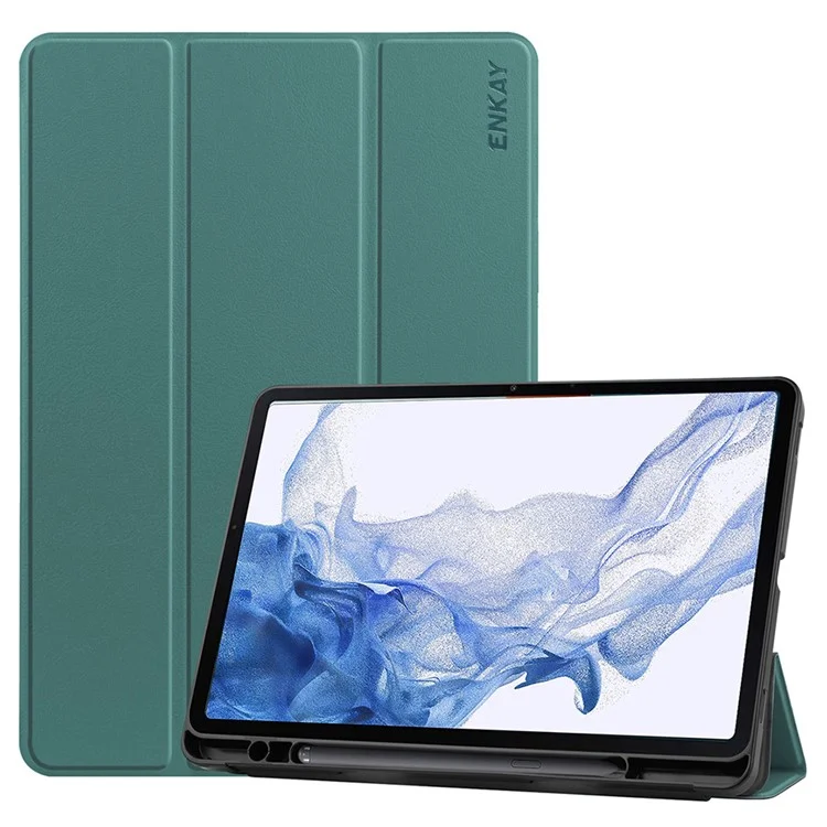 ENKAY Hack Prince Per Samsung Galaxy Tab S8 da 11 Pollici Wi-Fi SM-X700/5G SM-X706 Pen Slot Design Auto Wake/Sleep Tri-fold Stand Pull - Verde Nerastro