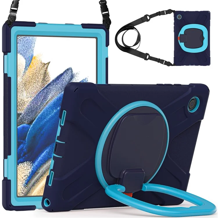 Per Samsung Galaxy Tab A8 10.5 (2021) / A8 10.5 (2022) Custodia con supporto rotante a 360 gradi Tablet PC + Custodia ibrida in silicone con tracolla - Blu navy / Blu