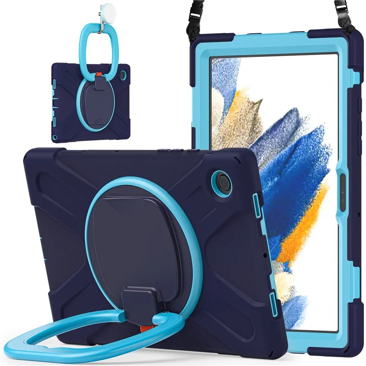 Per Samsung Galaxy Tab A8 10.5 (2021) / A8 10.5 (2022) Custodia con supporto rotante a 360 gradi Tablet PC + Custodia ibrida in silicone con tracolla - Blu navy / Blu