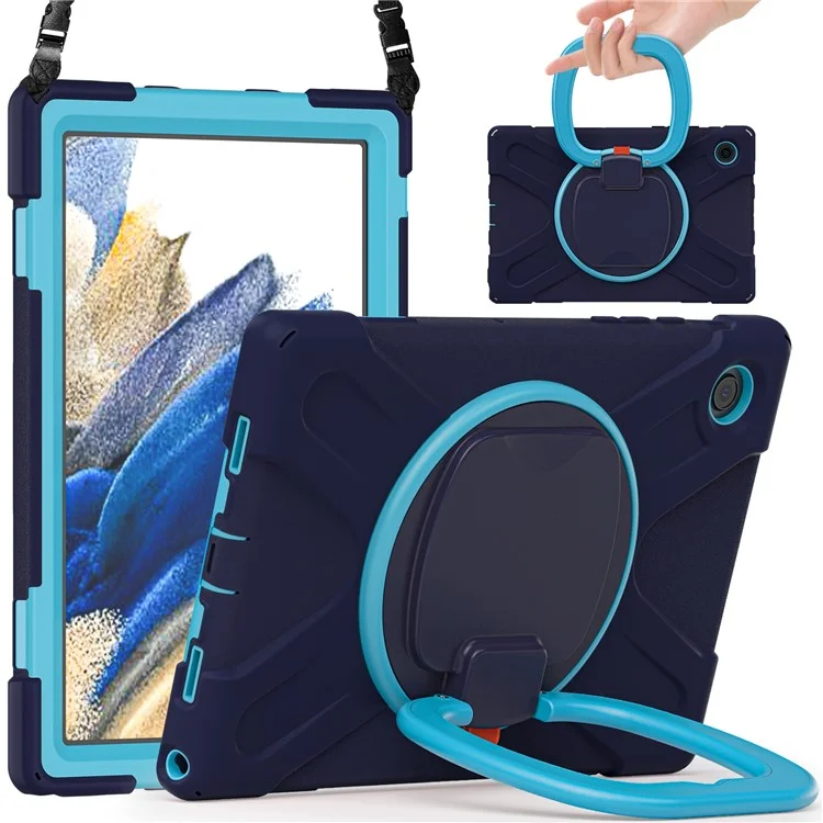 Per Samsung Galaxy Tab A8 10.5 (2021) / A8 10.5 (2022) Custodia con supporto rotante a 360 gradi Tablet PC + Custodia ibrida in silicone con tracolla - Blu navy / Blu