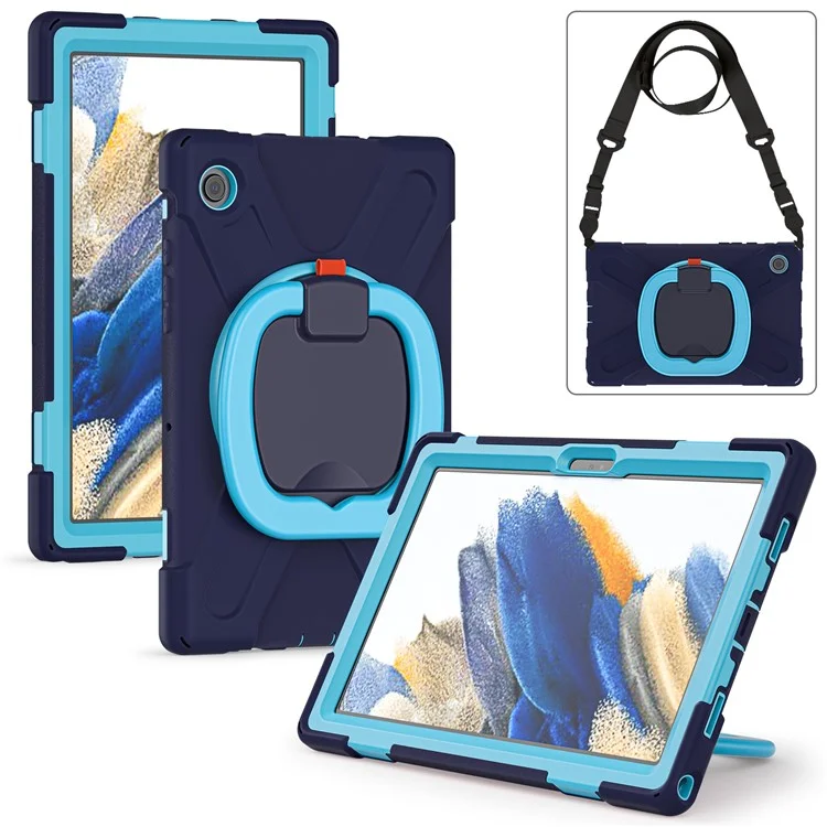 Per Samsung Galaxy Tab A8 10.5 (2021) / A8 10.5 (2022) Custodia con supporto rotante a 360 gradi Tablet PC + Custodia ibrida in silicone con tracolla - Blu navy / Blu