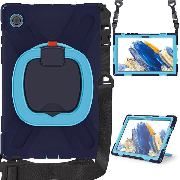 Per Samsung Galaxy Tab A8 10.5 (2021) / A8 10.5 (2022) Custodia con supporto rotante a 360 gradi Tablet PC + Custodia ibrida in silicone con tracolla - Blu navy / Blu