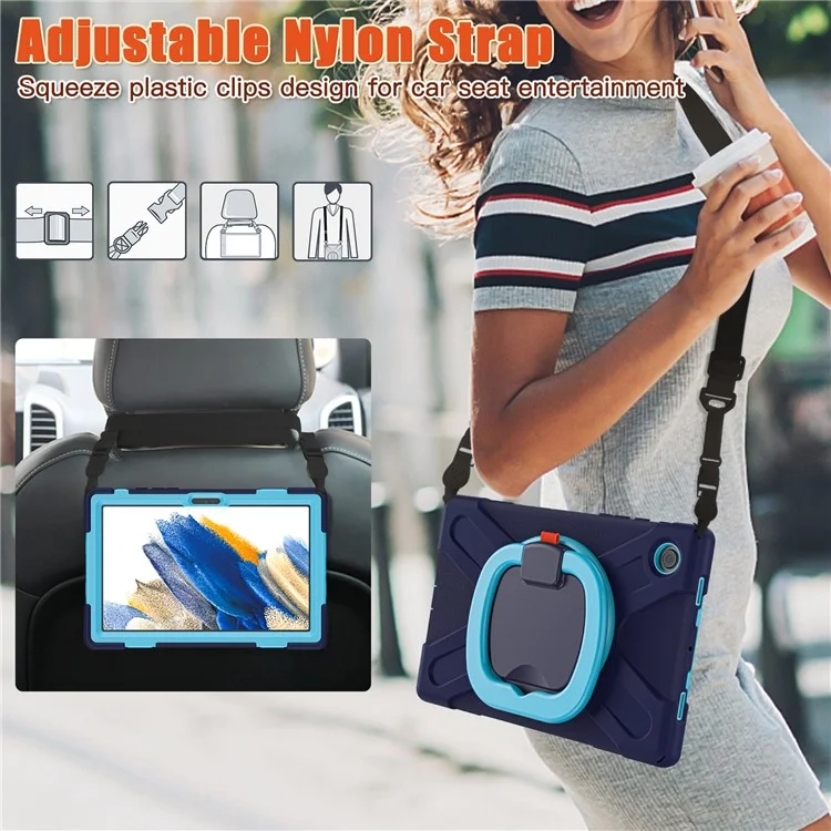 Per Samsung Galaxy Tab A8 10.5 (2021) / A8 10.5 (2022) Custodia con supporto rotante a 360 gradi Tablet PC + Custodia ibrida in silicone con tracolla - Blu navy / Blu